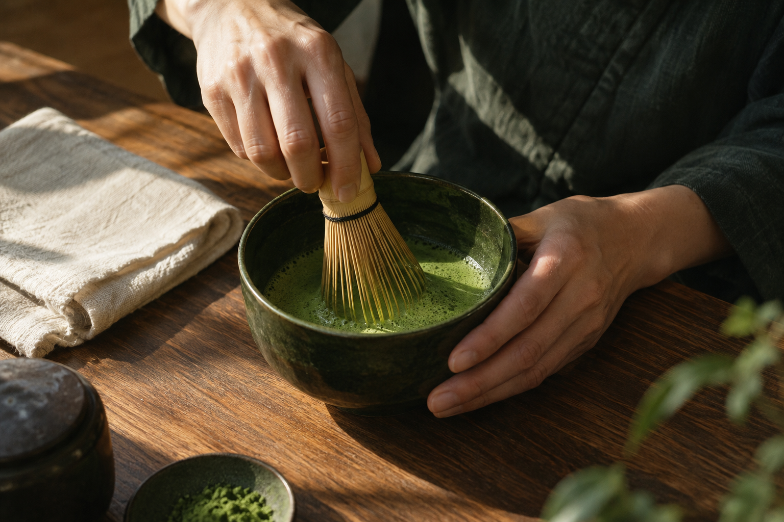 Hands whisking fresh matcha in a ceramic bowl in the afternoon sun